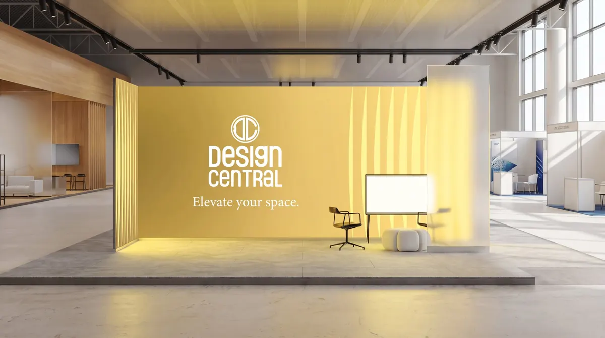 Soft yellow Design Central island stand in a bright exhibition hall